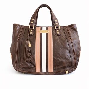 L.A.M.B. Brown Leather Tote Shoulder Bag Stripe Detail Tassel